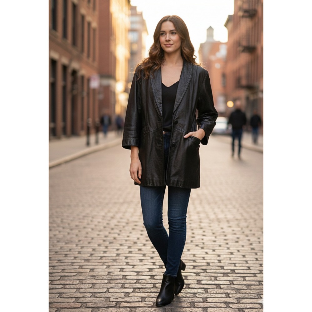 Vintage International Outerwear Coat Womens Small Black Leather Shawl Collar